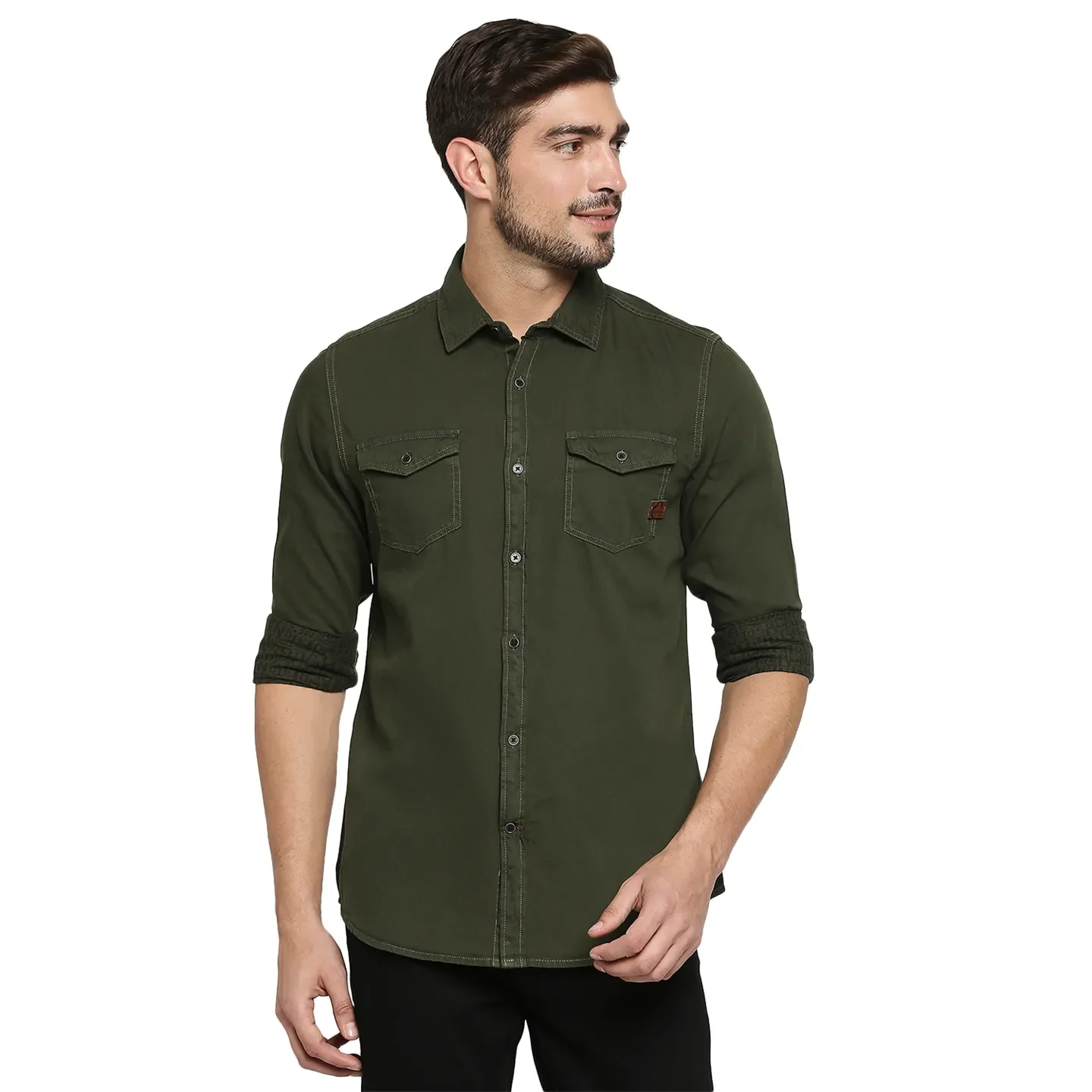 Olive Slim Straight Fit Regular Collar Long Sleeves Cotton Men's Shirt by Being Human Clothing