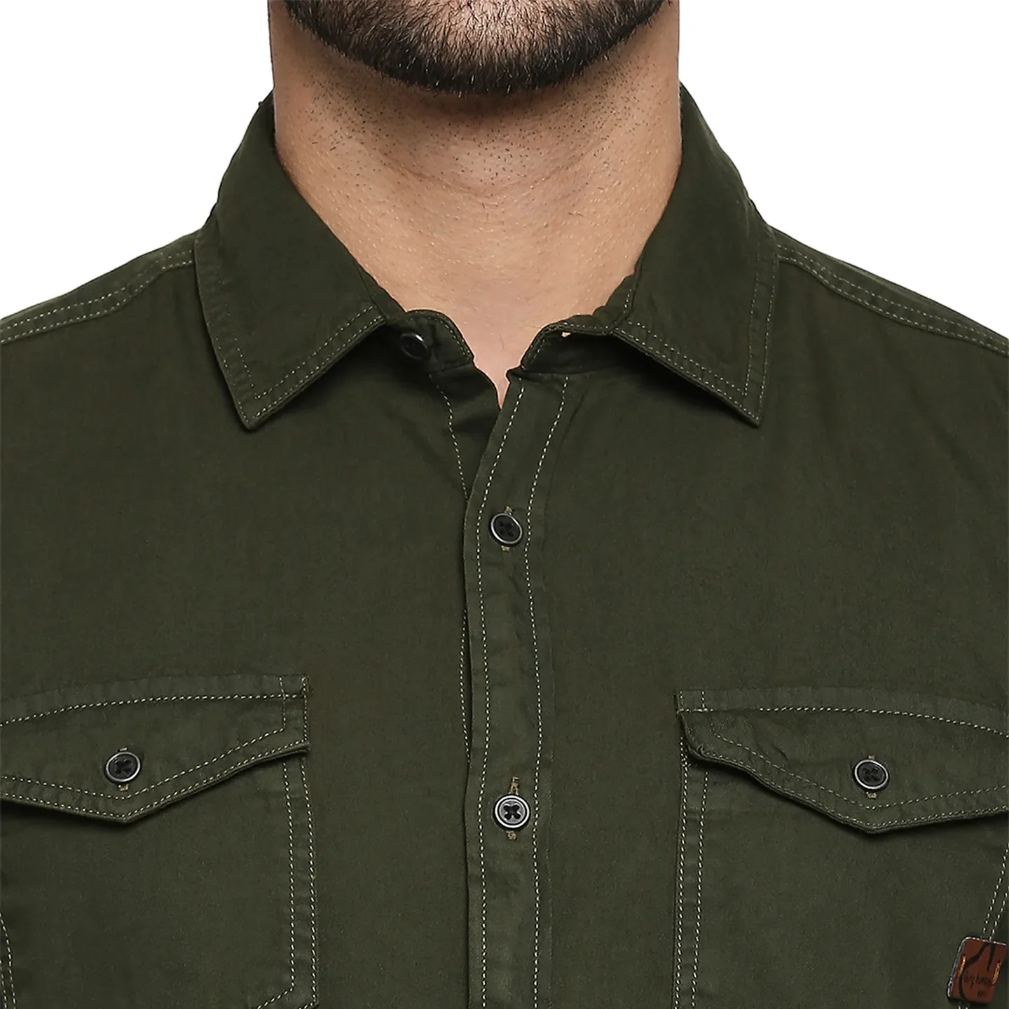 Olive Slim Straight Fit Regular Collar Long Sleeves Cotton Men's Shirt by Being Human Clothing - Image 5