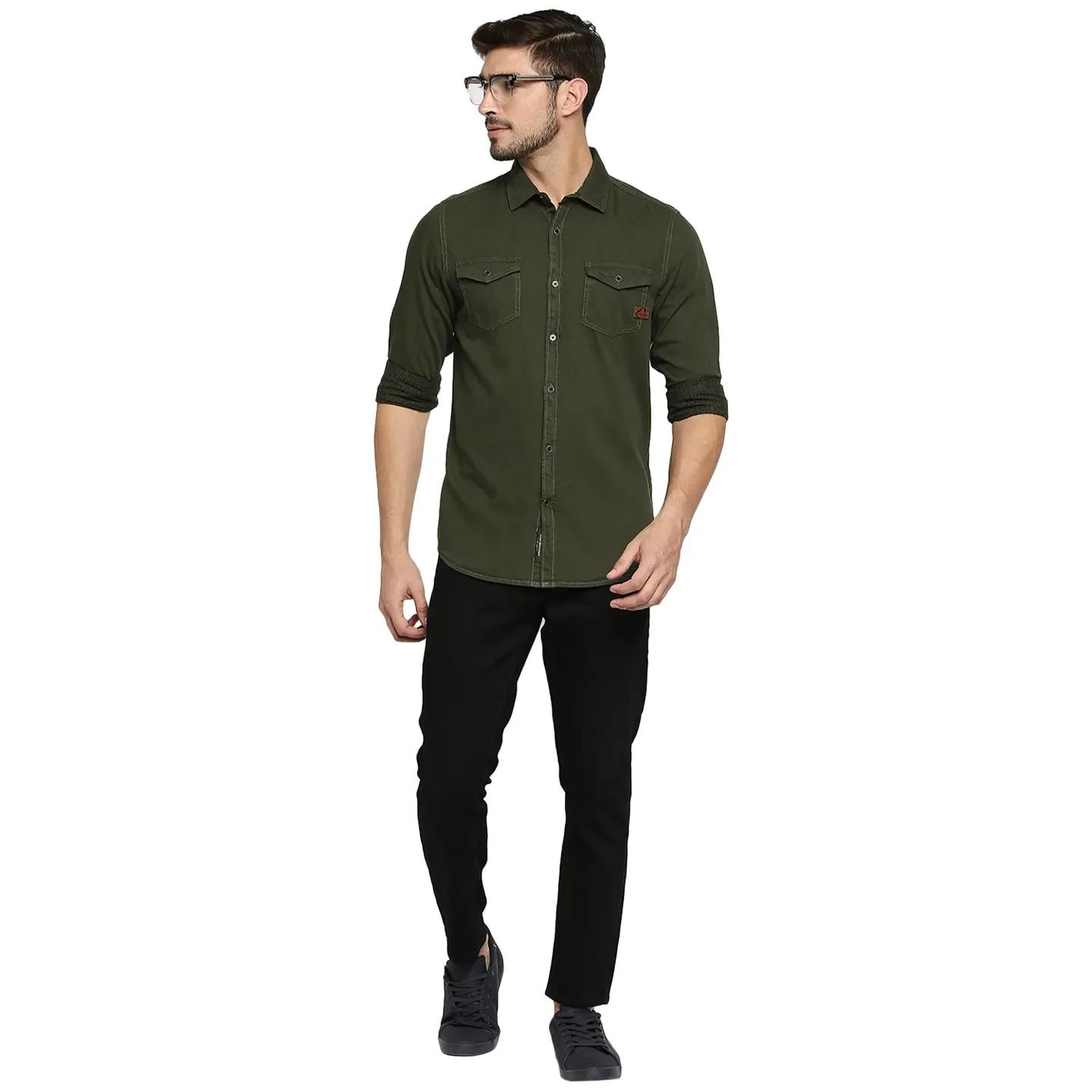 Olive Slim Straight Fit Regular Collar Long Sleeves Cotton Men's Shirt by Being Human Clothing - Image 6