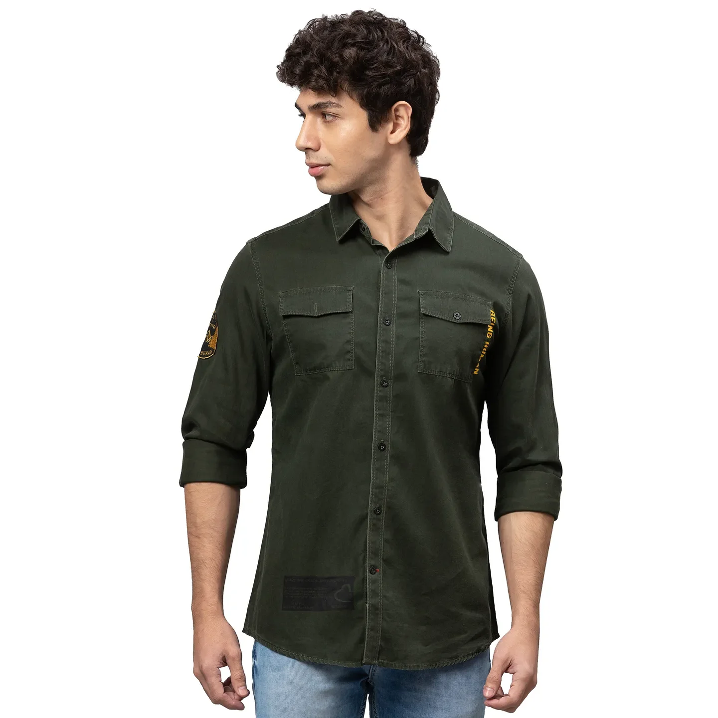 Olive Slim Straight Fit Regular Collar Long Sleeves Cotton Men's Shirt by Being Human Clothing