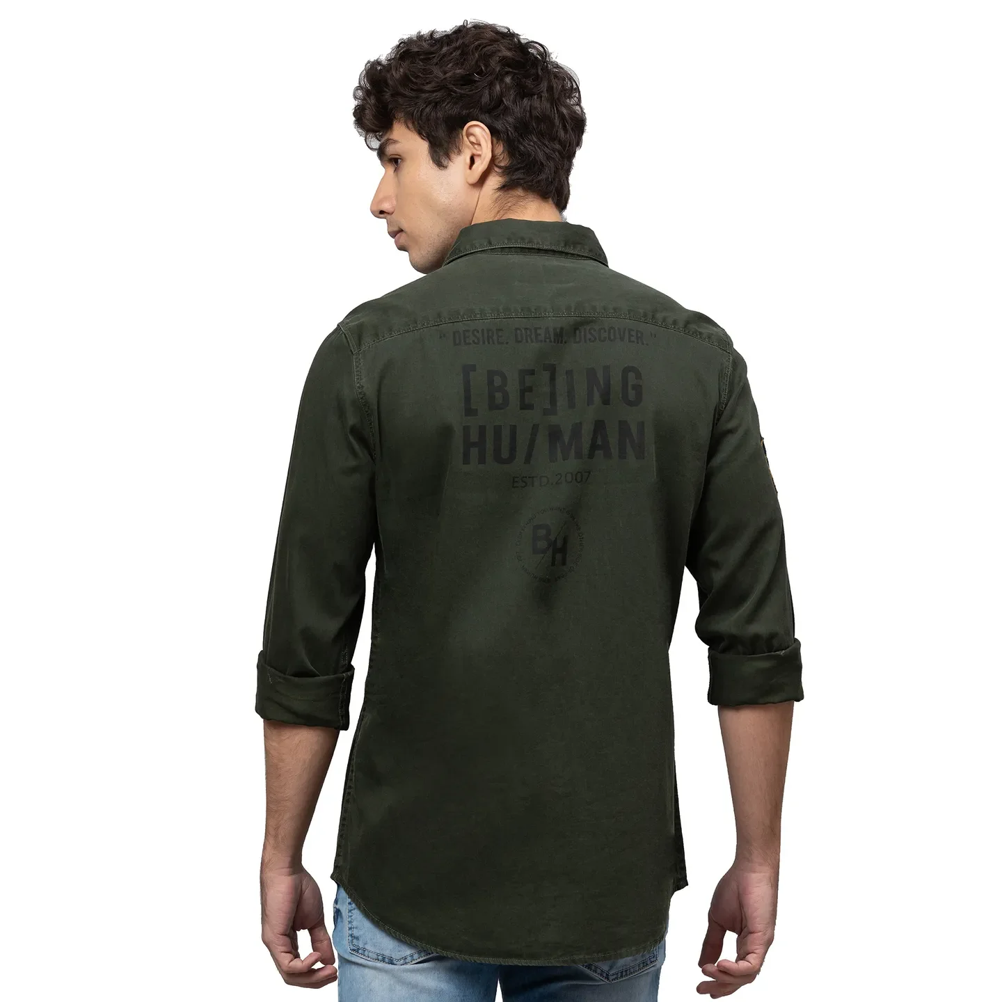 Olive Slim Straight Fit Regular Collar Long Sleeves Cotton Men's Shirt by Being Human Clothing - Image 3