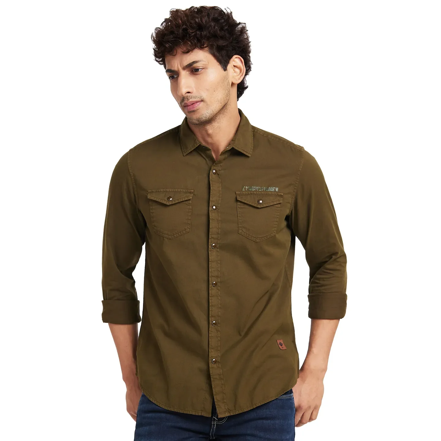 Olive Slim Straight Fit Regular Collar Long Sleeves Men's Shirt by Being Human Clothing