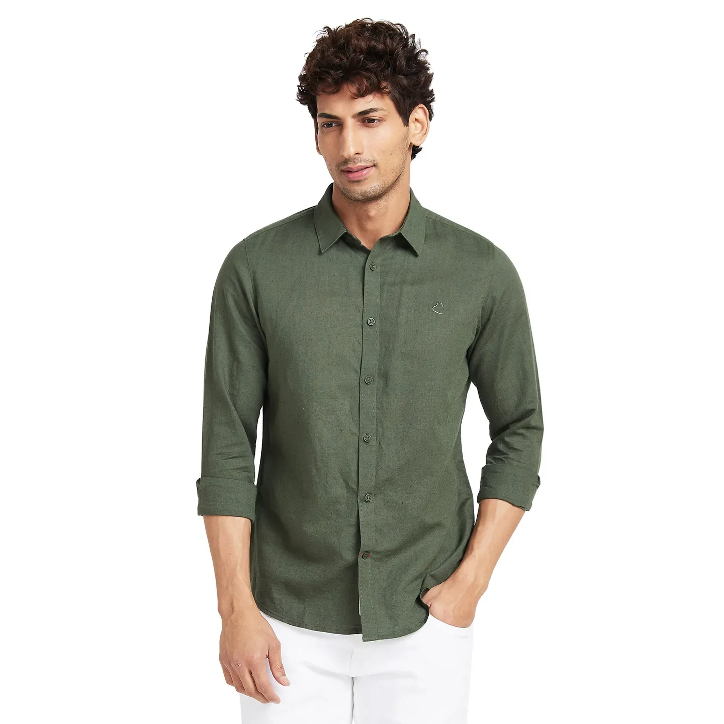 Olive Slim Straight Fit Regular Collar Long Sleeves Men's Shirt by Being Human Clothing