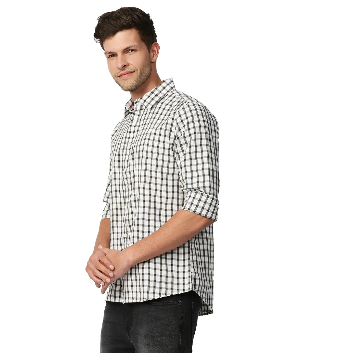 Olive Slim Straight Fit Regular Collar Long Sleeves Men's Shirt by Being Human Clothing - Image 2