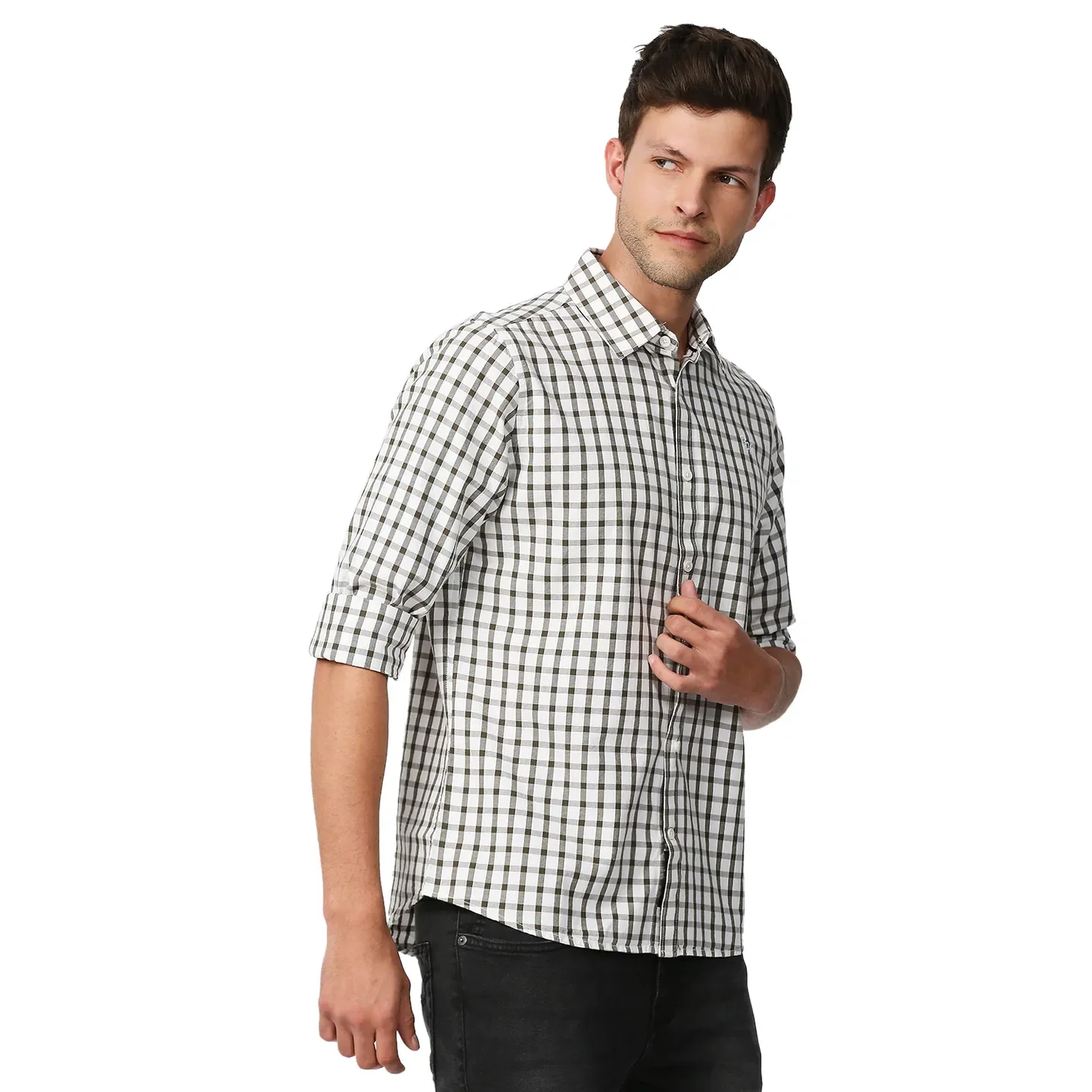 Olive Slim Straight Fit Regular Collar Long Sleeves Men's Shirt by Being Human Clothing - Image 3