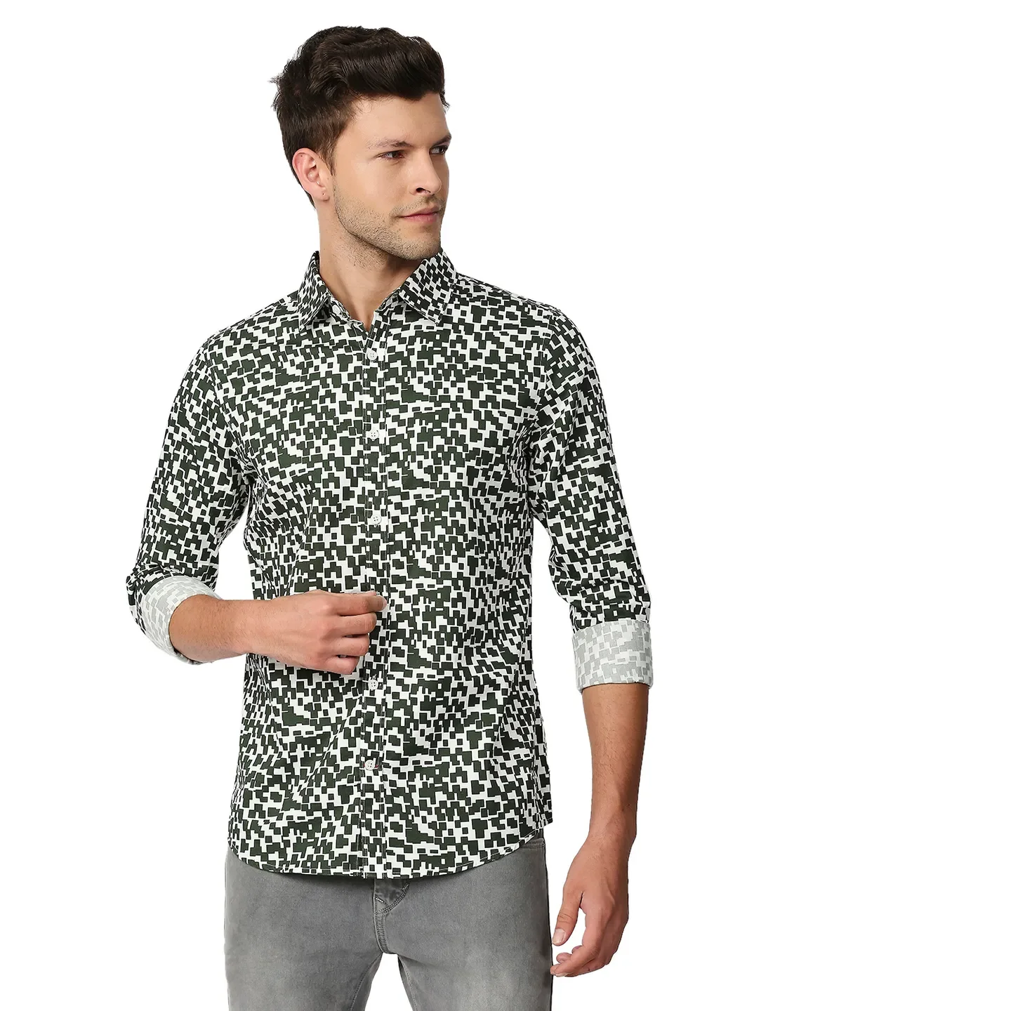 Olive Slim Straight Fit Regular Collar Long Sleeves Men's Shirt by Being Human Clothing
