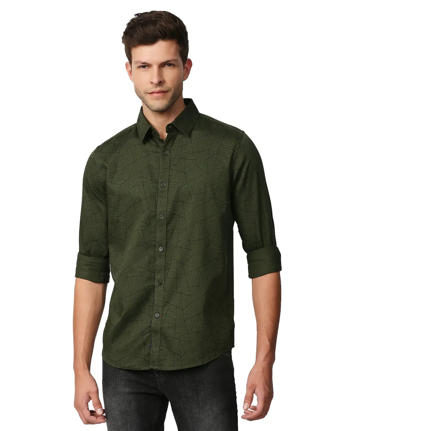 Olive Slim Straight Fit Regular Collar Long Sleeves Men's Shirt by Being Human Clothing