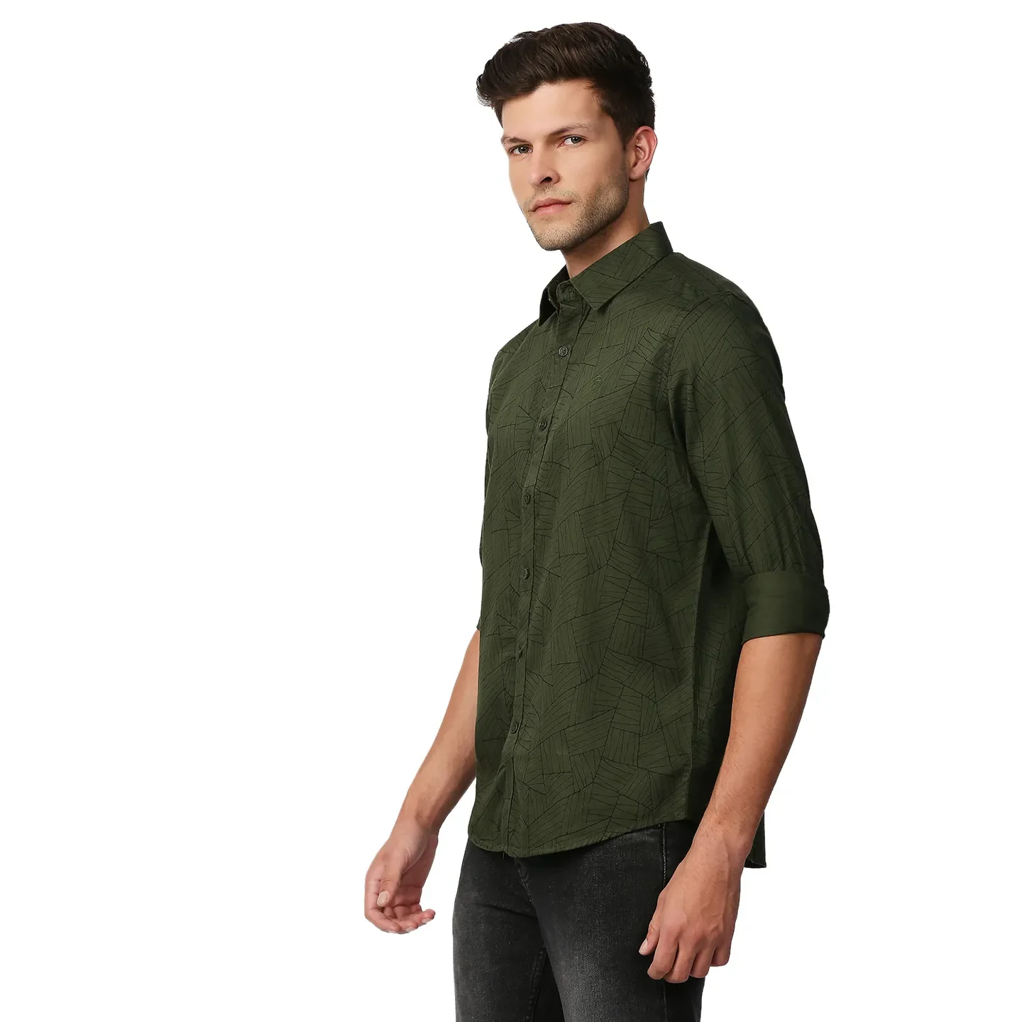 Olive Slim Straight Fit Regular Collar Long Sleeves Men's Shirt by Being Human Clothing - Image 2
