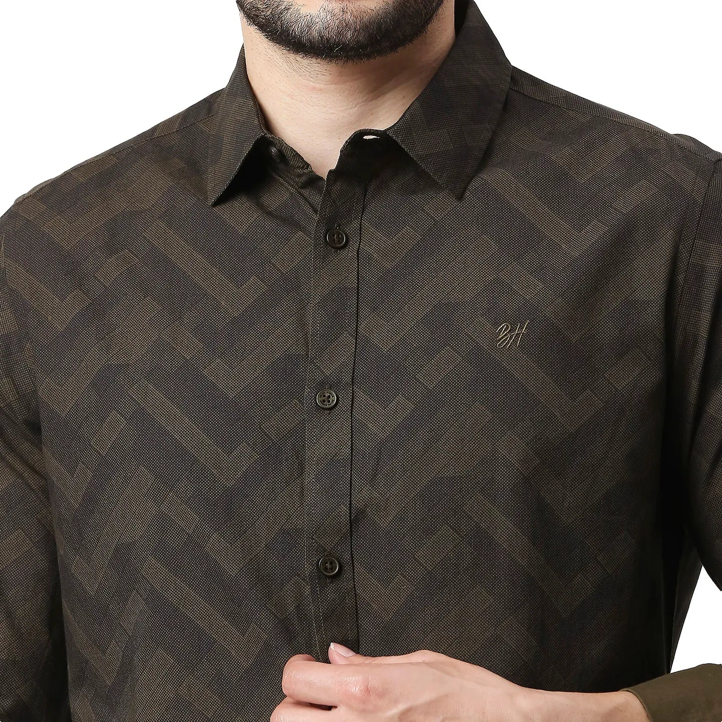 Olive Slim Straight Fit Regular Collar Long Sleeves Cotton Men's Shirt by Being Human Clothing - Image 4