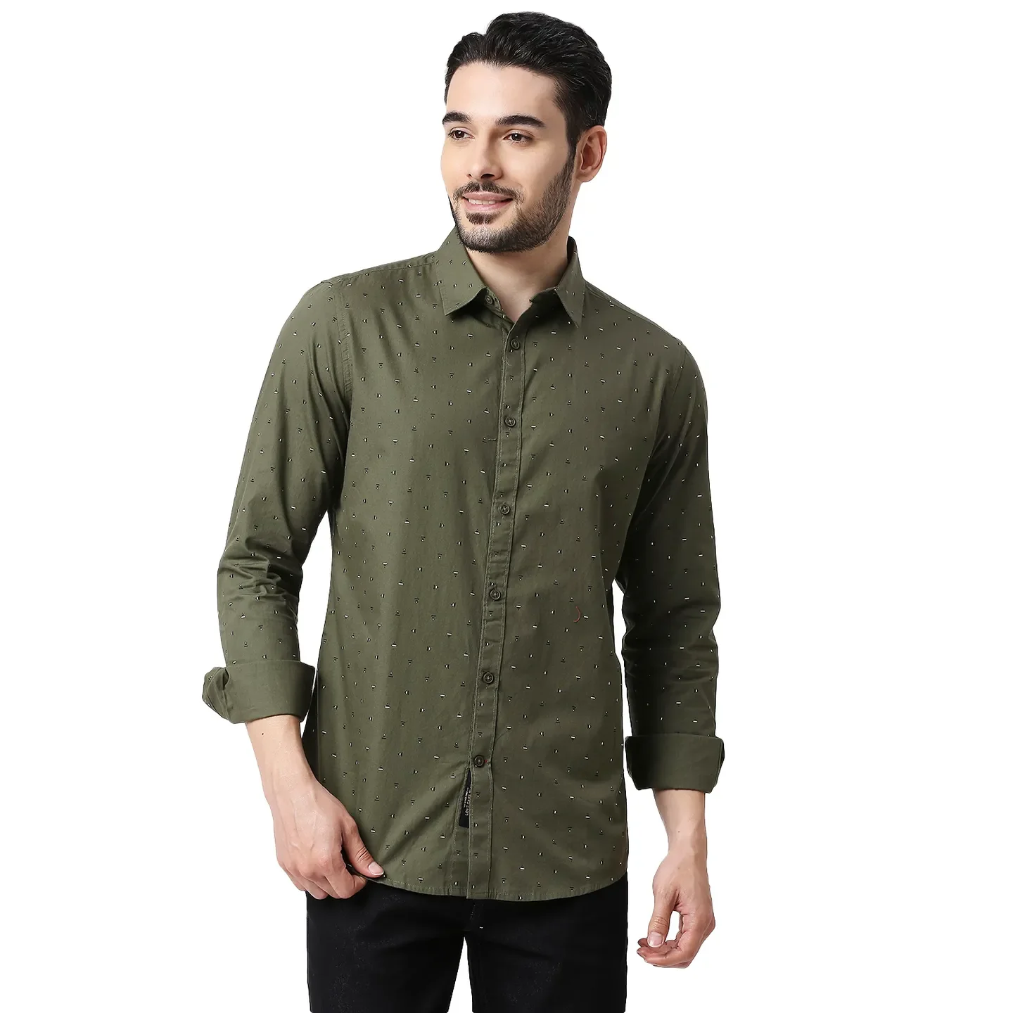 Olive Slim Straight Fit Regular Collar Long Sleeves Cotton Men's Shirt by Being Human Clothing