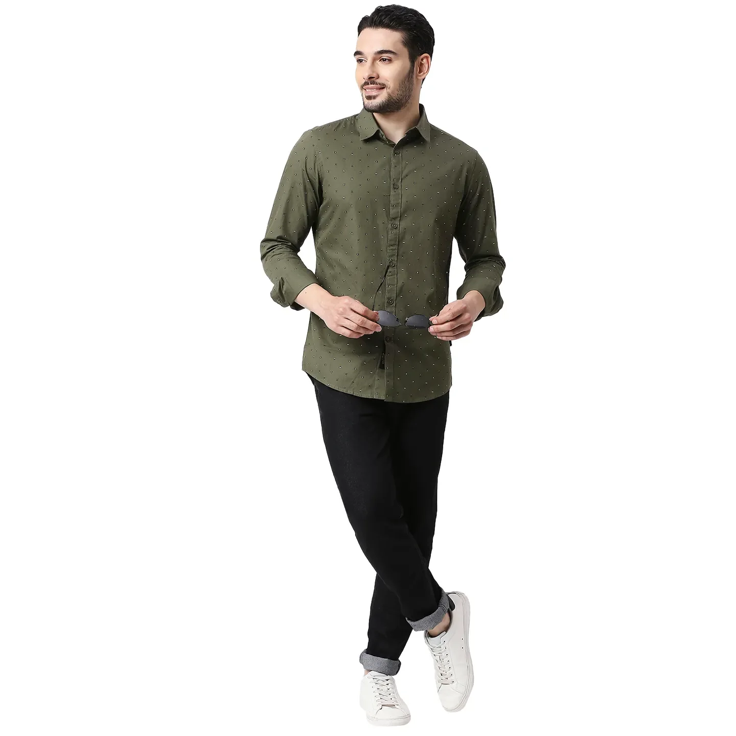 Olive Slim Straight Fit Regular Collar Long Sleeves Cotton Men's Shirt by Being Human Clothing - Image 5