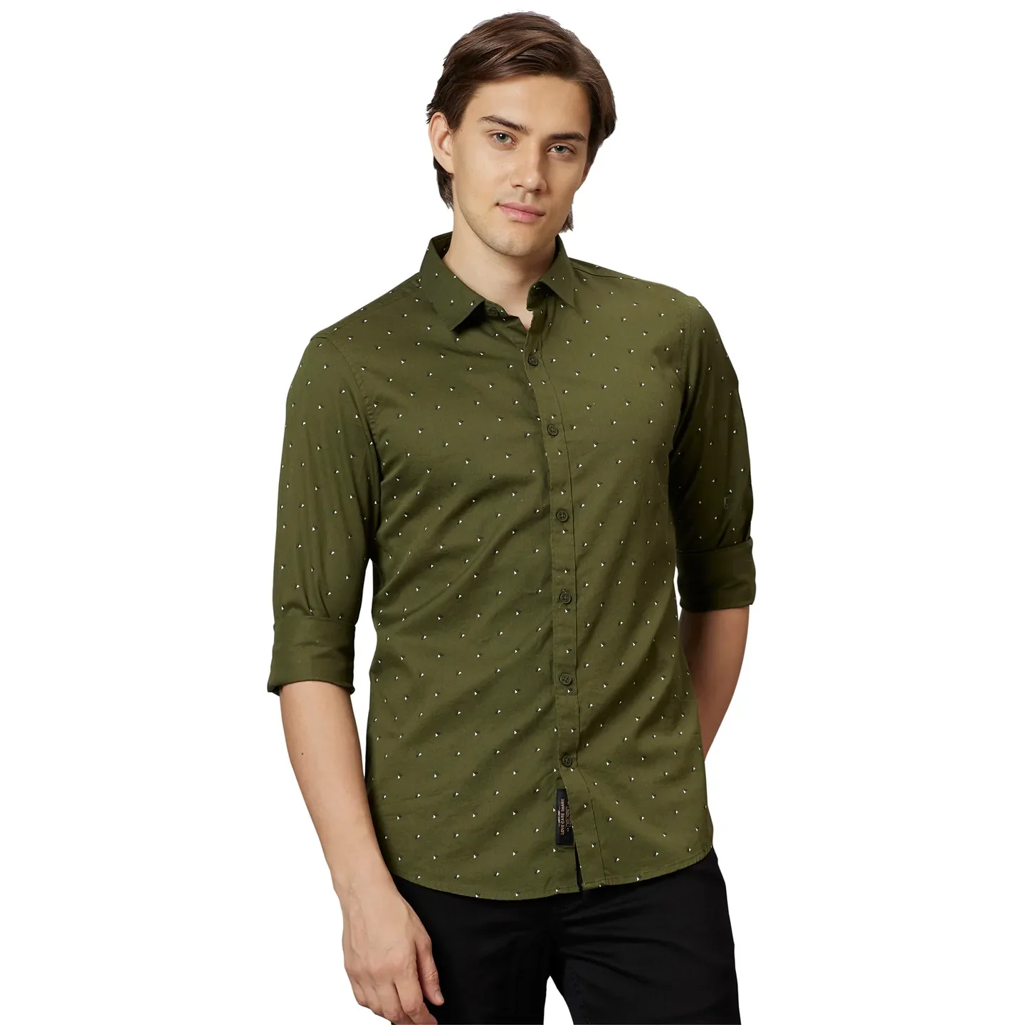 Olive Slim Straight Fit Regular Collar Long Sleeves Cotton Men's Shirt by Being Human Clothing