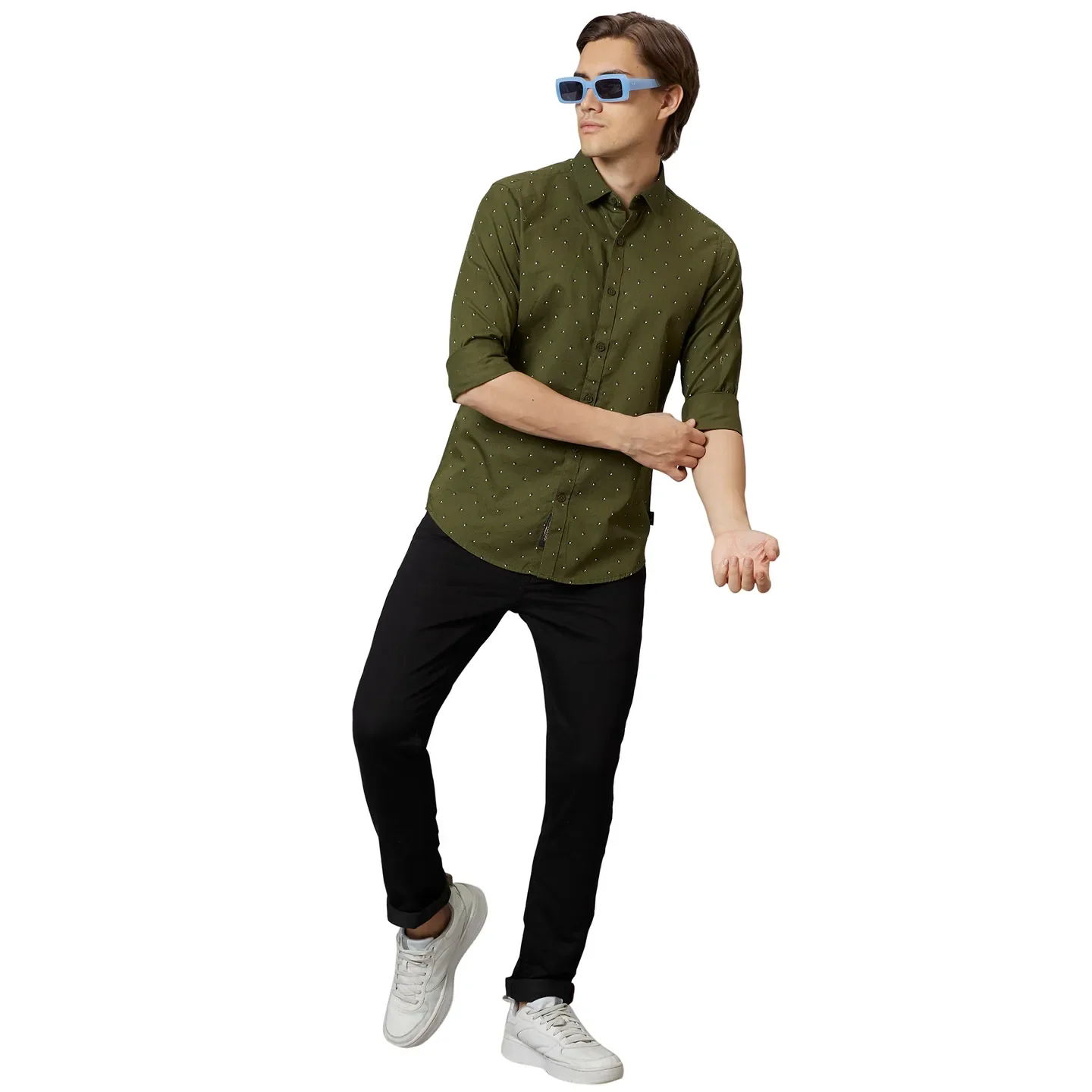 Olive Slim Straight Fit Regular Collar Long Sleeves Cotton Men's Shirt by Being Human Clothing - Image 5
