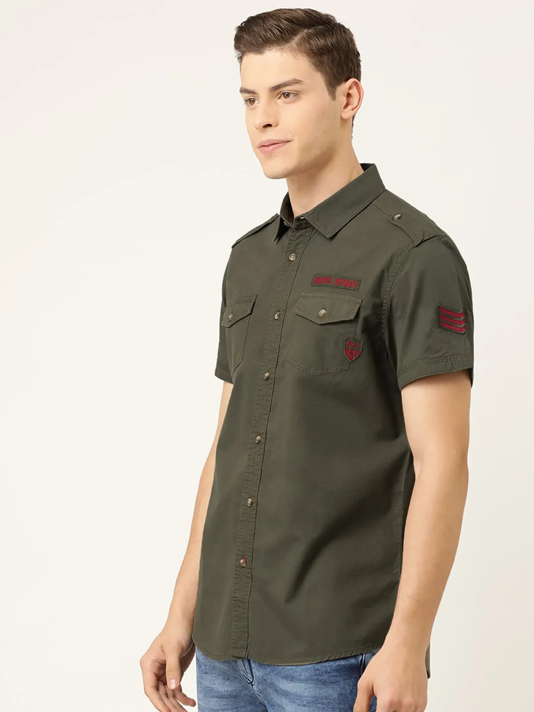 Olive Slim Straight Fit Regular Collar Short Sleeves Cotton Men's Shirt by Being Human Clothing - Image 2