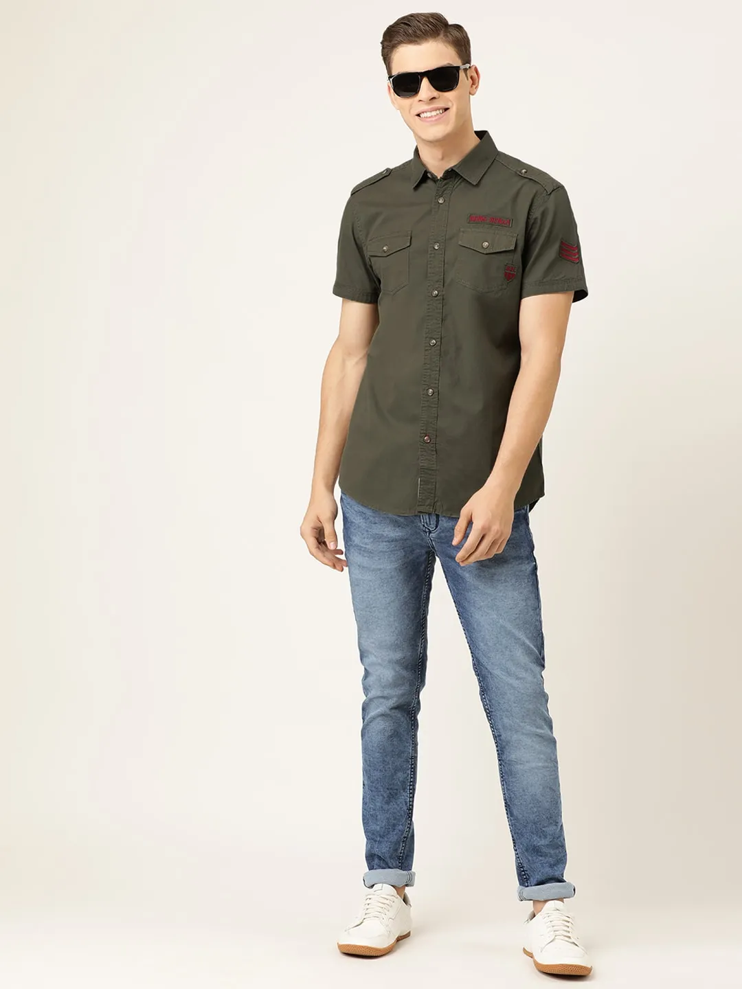 Olive Slim Straight Fit Regular Collar Short Sleeves Cotton Men's Shirt by Being Human Clothing - Image 4