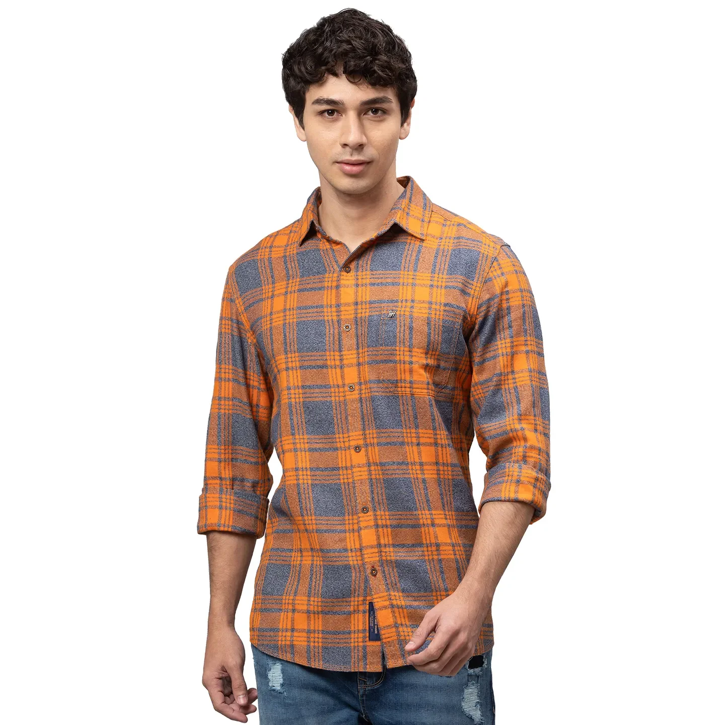 Orange Slim Straight Fit Regular Collar Long Sleeves Cotton Men's Shirt by Being Human Clothing