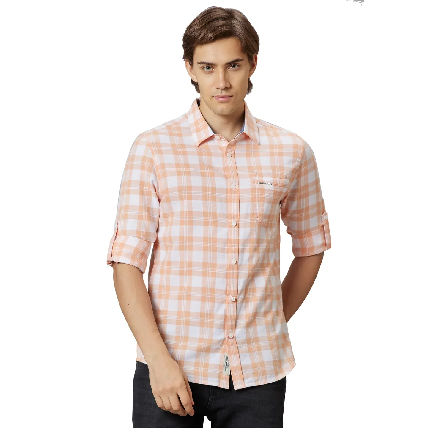 Orange Slim Straight Fit Regular Collar Long Sleeves Cotton Men's Shirt by Being Human Clothing