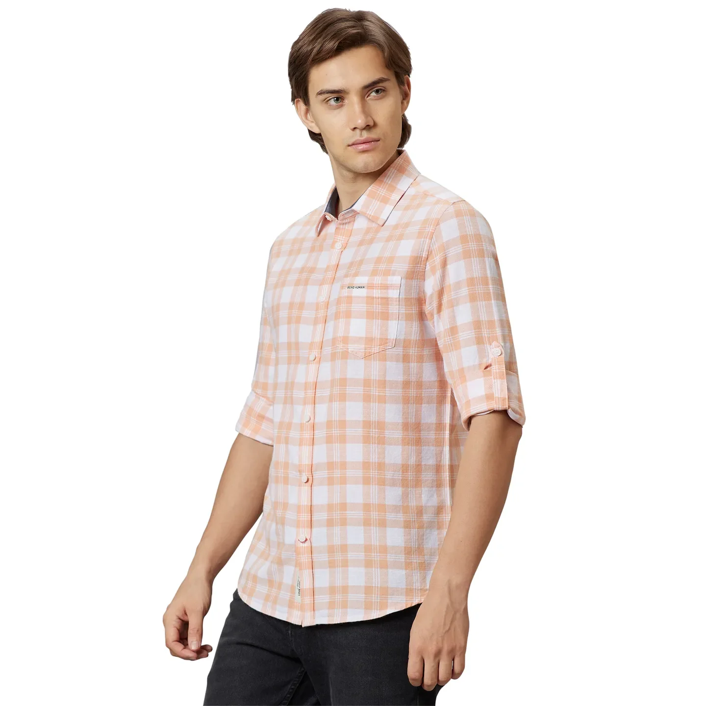 Orange Slim Straight Fit Regular Collar Long Sleeves Cotton Men's Shirt by Being Human Clothing - Image 2