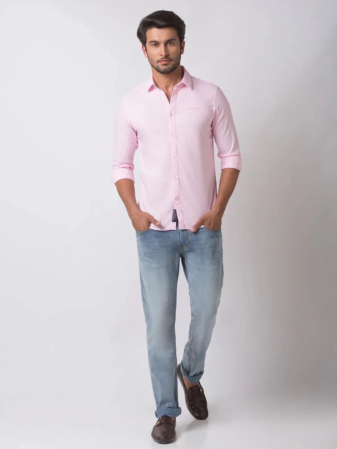 Pink Super Slim Fit Regular Collar Long Sleeves Cotton Men's Shirt by Being Human Clothing - Image 5