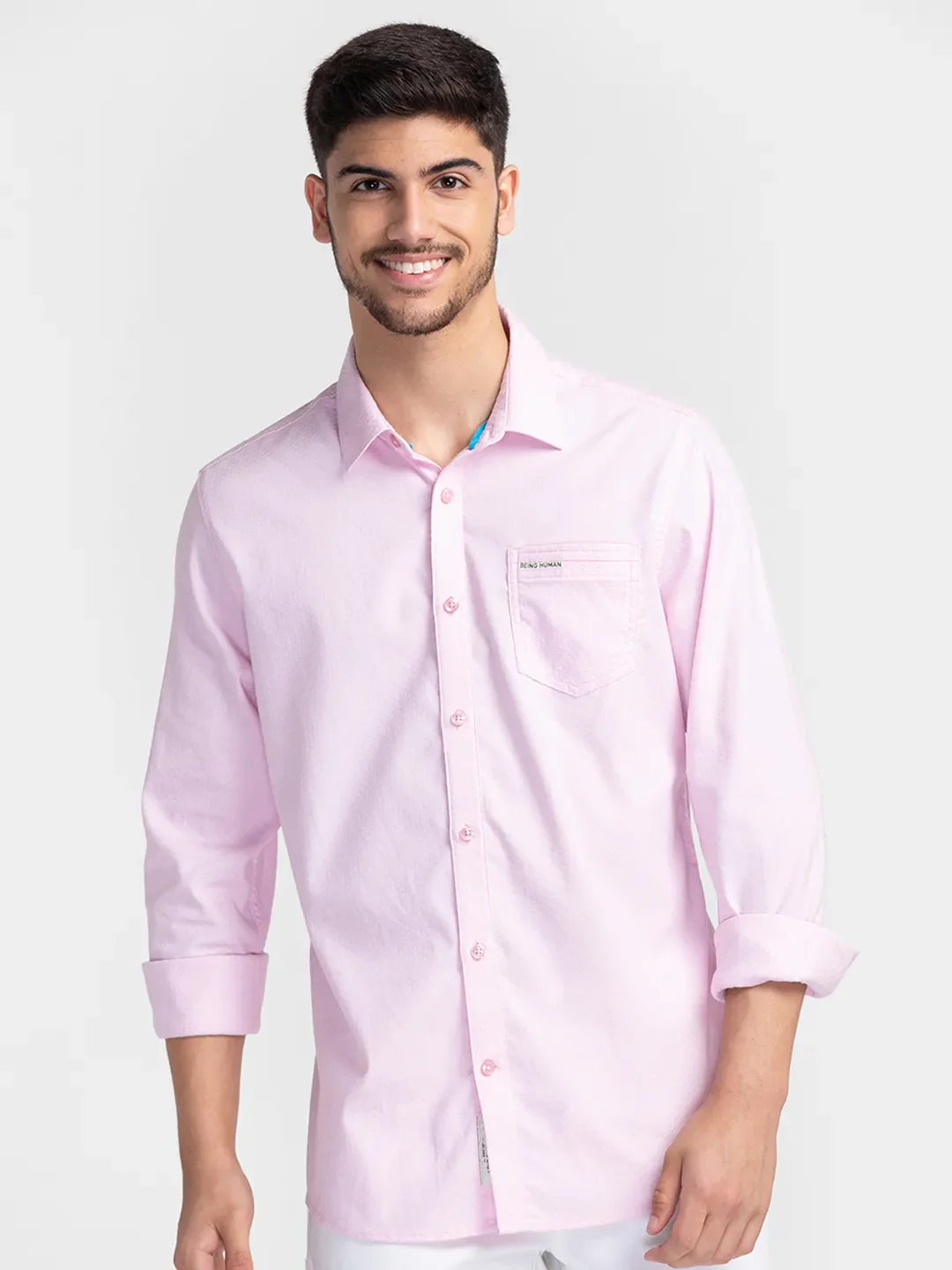 Pink Slim Straight Fit Regular Collar Long Sleeves Cotton Men's Shirt by Being Human Clothing