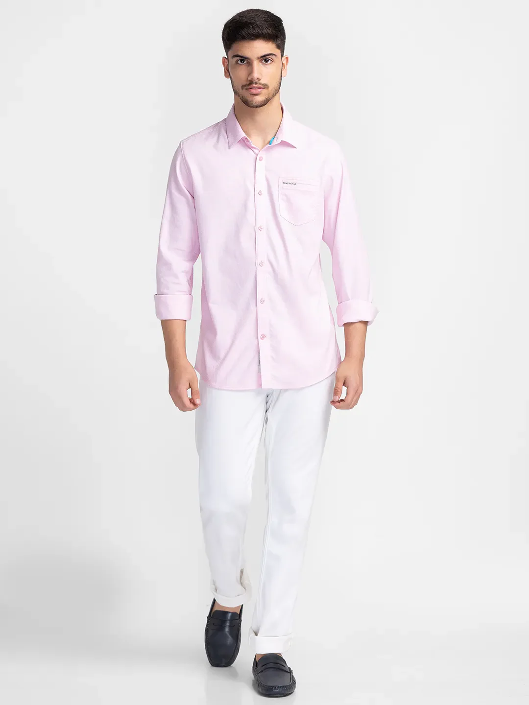 Pink Slim Straight Fit Regular Collar Long Sleeves Cotton Men's Shirt by Being Human Clothing - Image 2