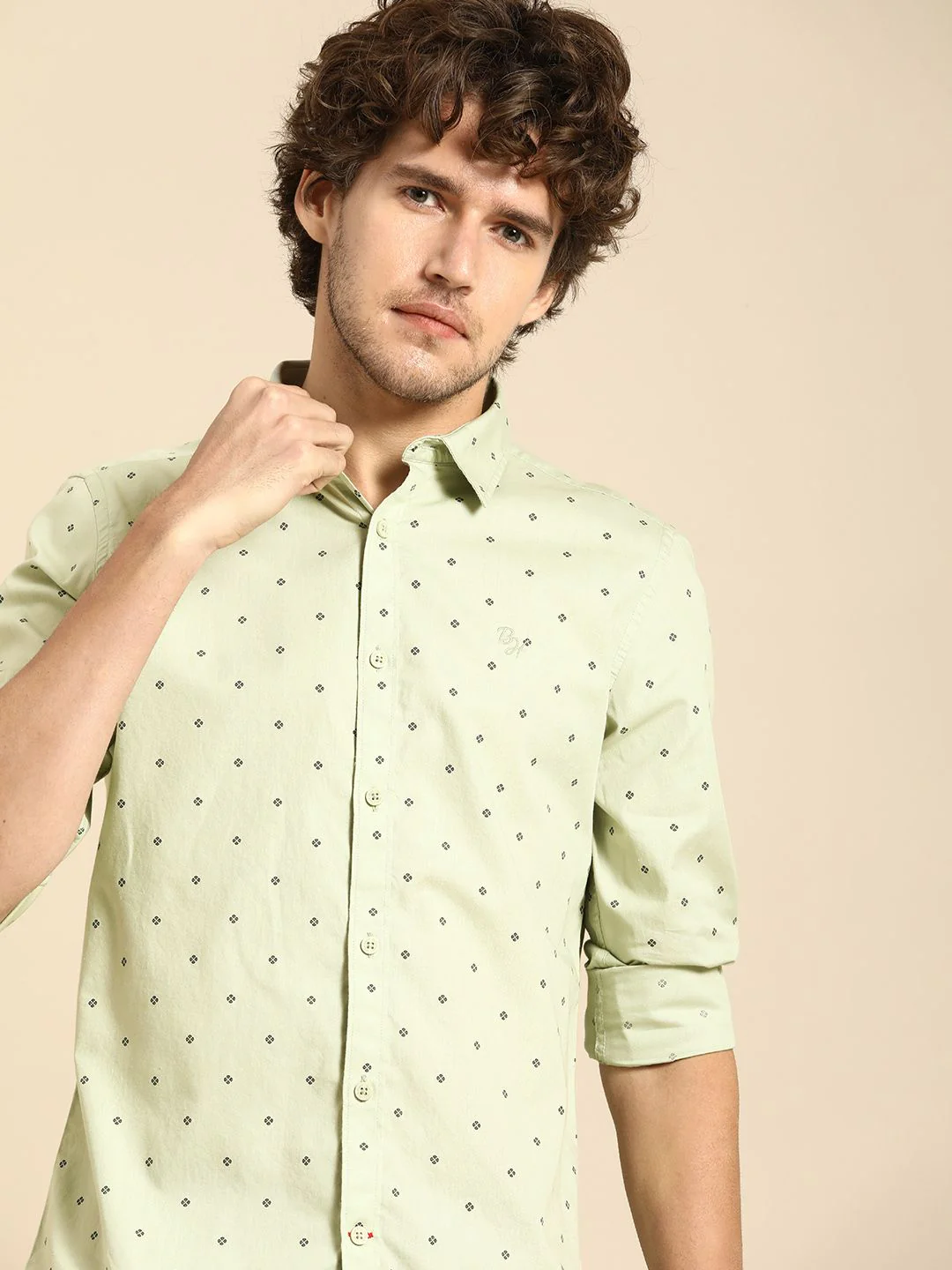 Green Slim Straight Fit Regular Collar Long Sleeves Men's Shirt by Being Human Clothing