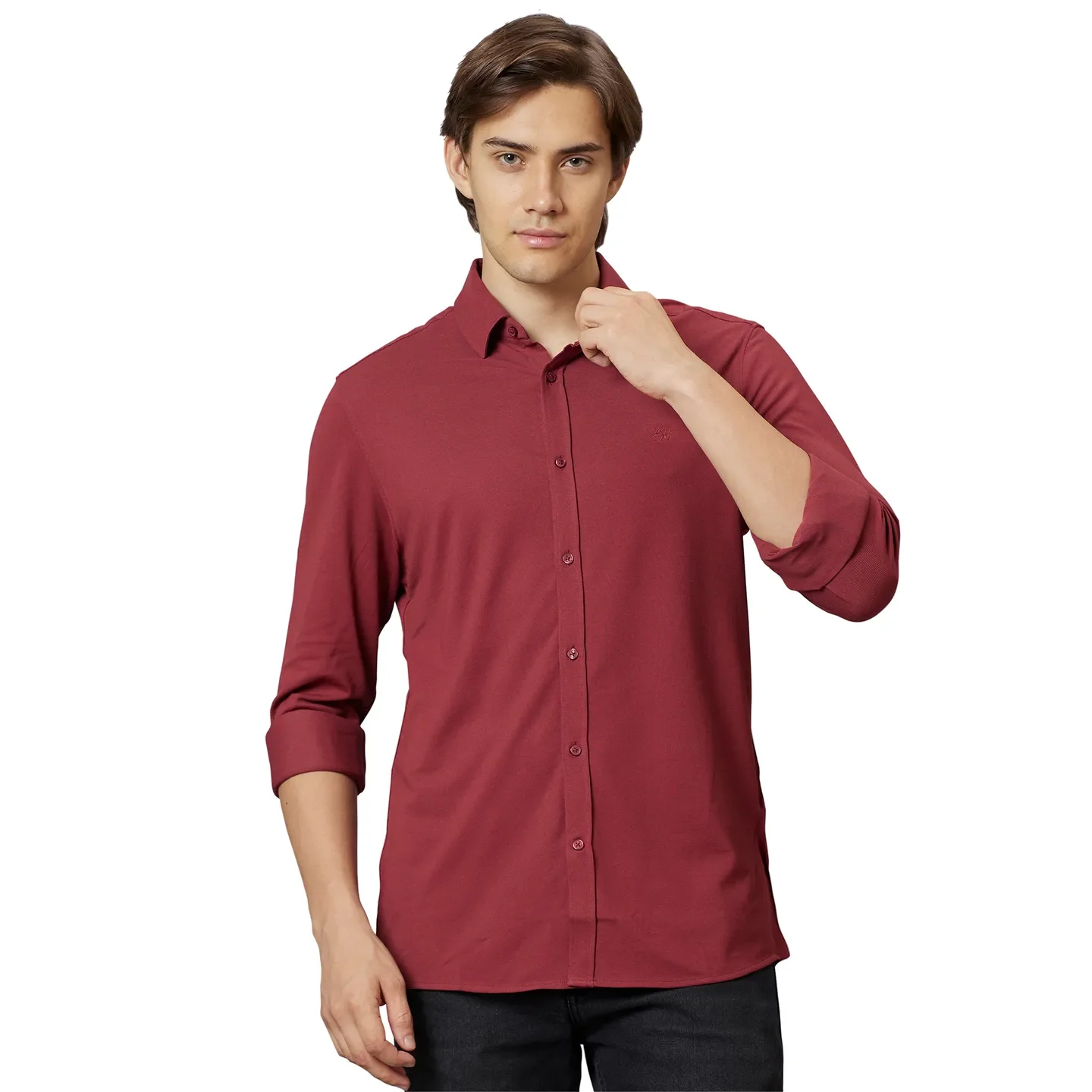 Red Slim Straight Fit Regular Collar Long Sleeves Cotton Men's Shirt by Being Human Clothing