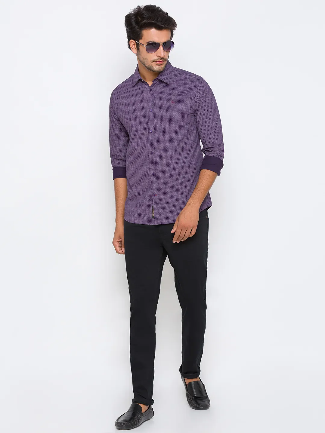 Purple Slim Straight Fit Regular Collar Long Sleeves Cotton Men's Shirt by Being Human Clothing - Image 5