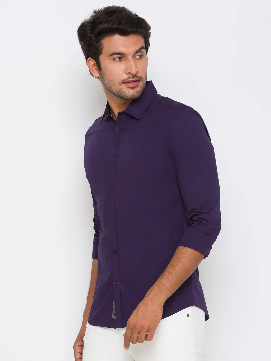 Purple Slim Straight Fit Regular Collar Long Sleeves Cotton Men's Shirt by Being Human Clothing - Image 2