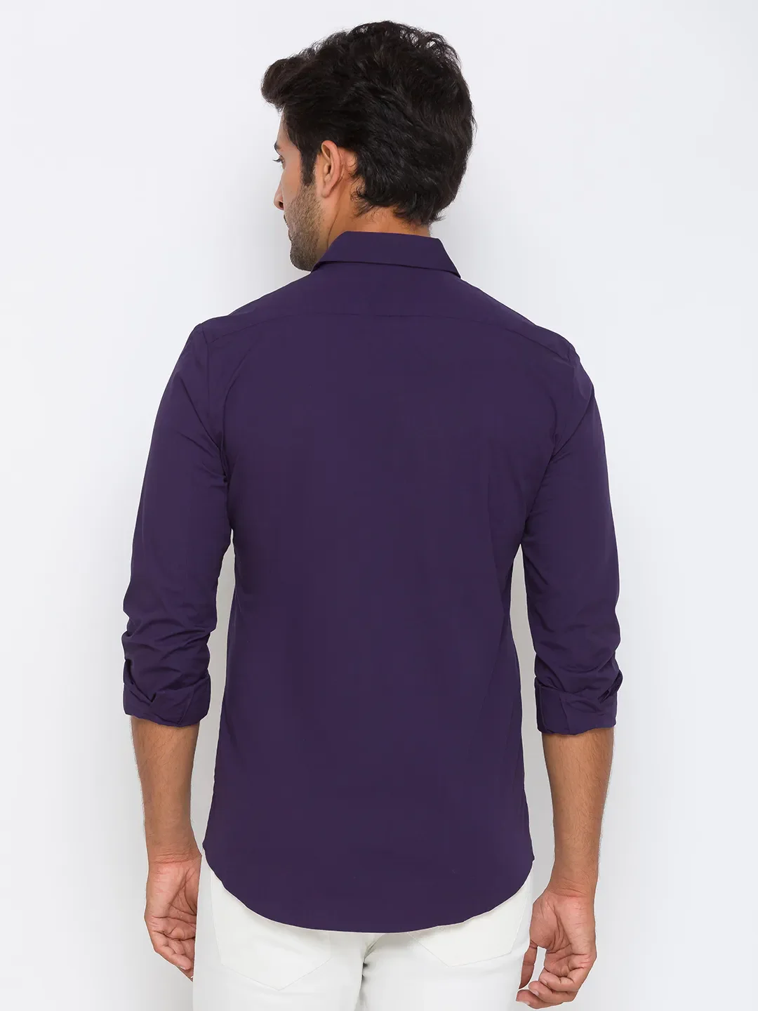 Purple Slim Straight Fit Regular Collar Long Sleeves Cotton Men's Shirt by Being Human Clothing - Image 3