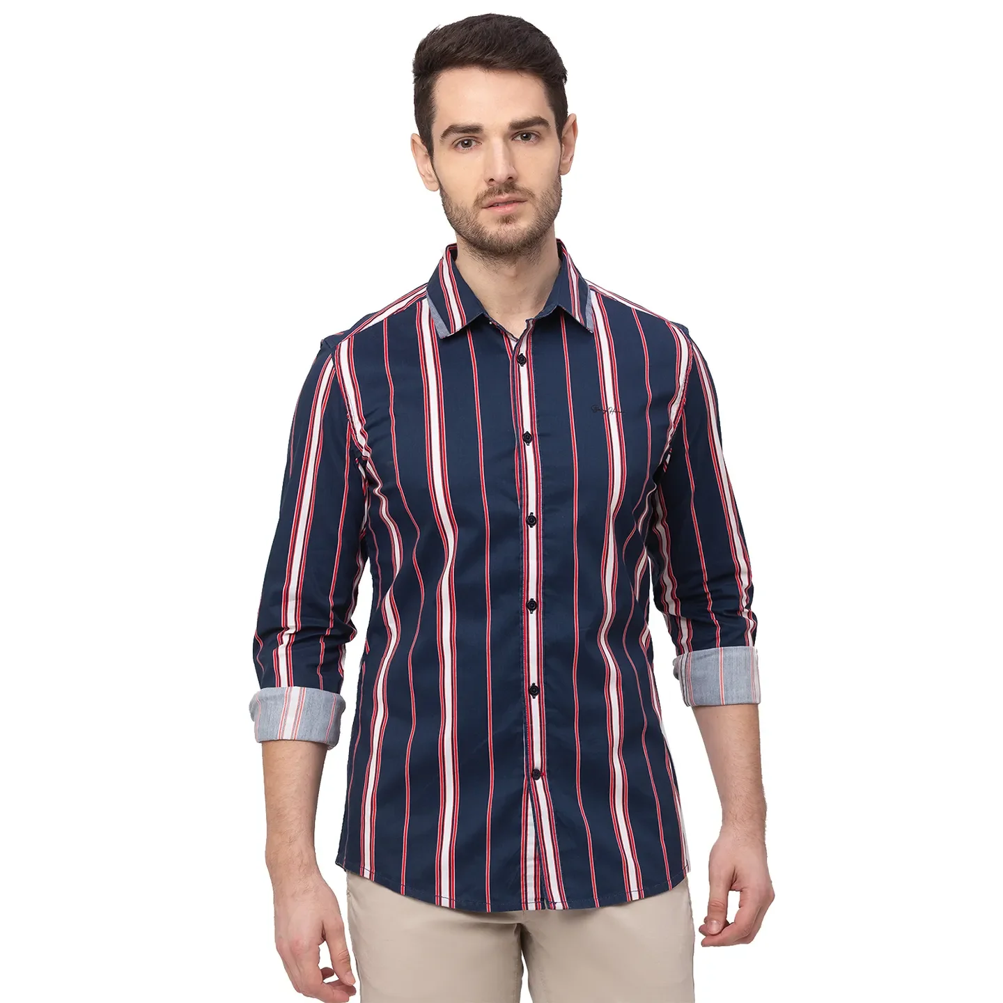 Red Skinny Straight Fit Regular Collar Long Sleeves Cotton Men's Shirt by Being Human Clothing