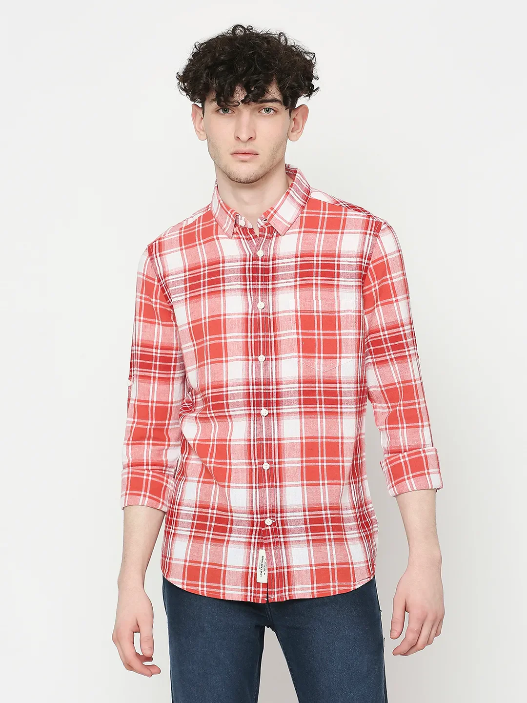 Red Slim Straight Fit Regular Collar Long Sleeves Tencil Men's Shirt by Being Human Clothing