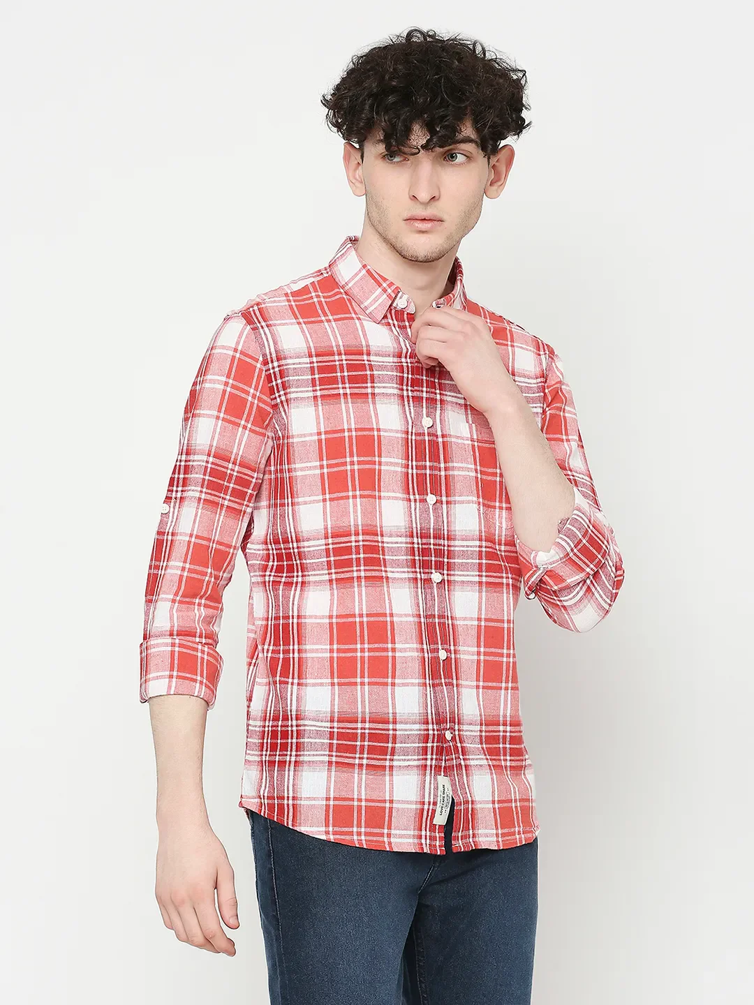 Red Slim Straight Fit Regular Collar Long Sleeves Tencil Men's Shirt by Being Human Clothing - Image 3