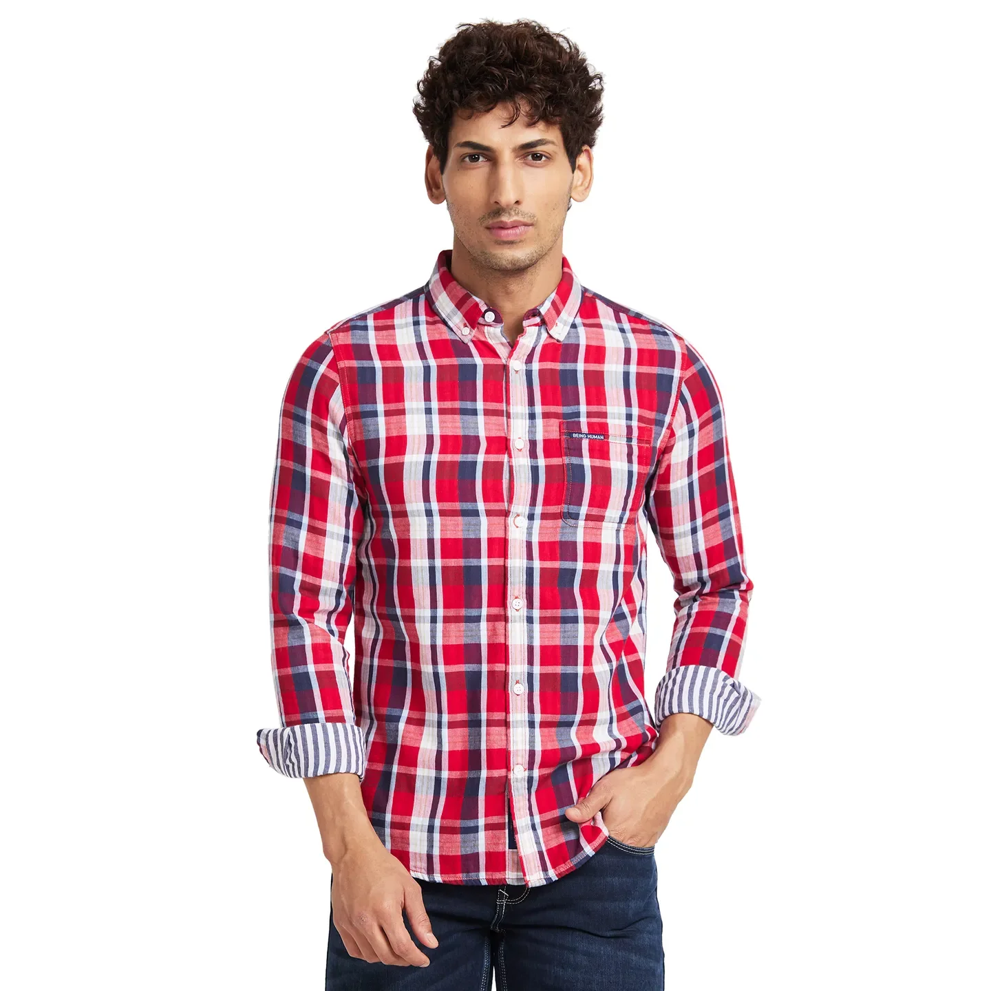 Red Slim Straight Fit Regular Collar Long Sleeves Men's Shirt by Being Human Clothing