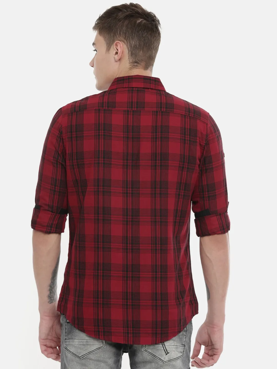 Red Slim Straight Fit Regular Collar Long Sleeves Cotton Men's Shirt by Being Human Clothing