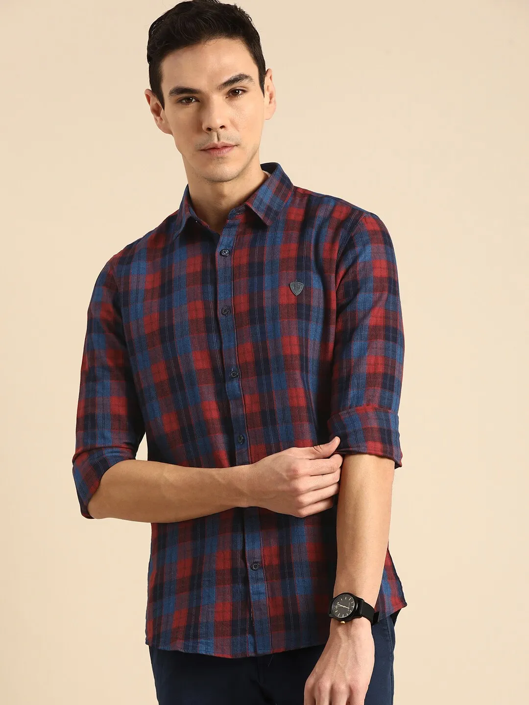 Red Slim Straight Fit Regular Collar Long Sleeves Cotton Men's Shirt by Being Human Clothing