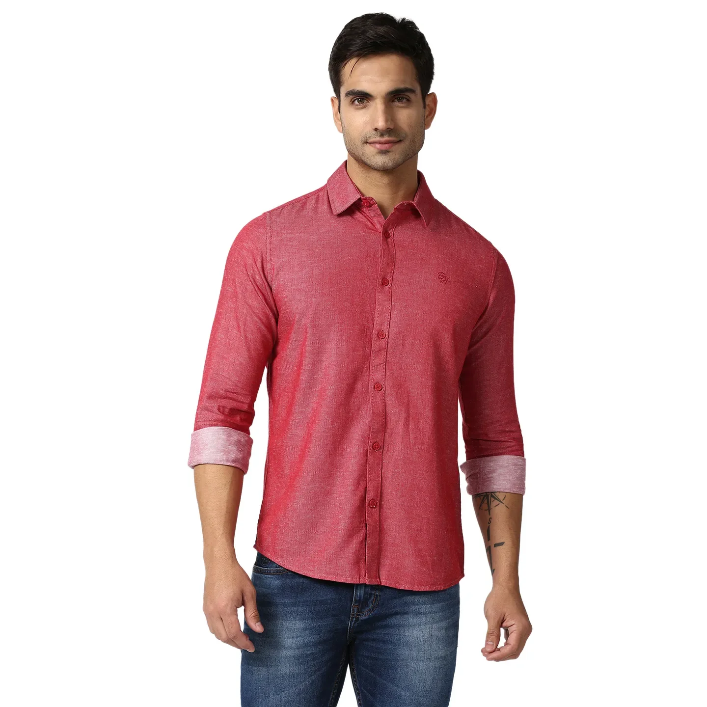 Red Slim Straight Fit Regular Collar Long Sleeves Men's Shirt by Being Human Clothing