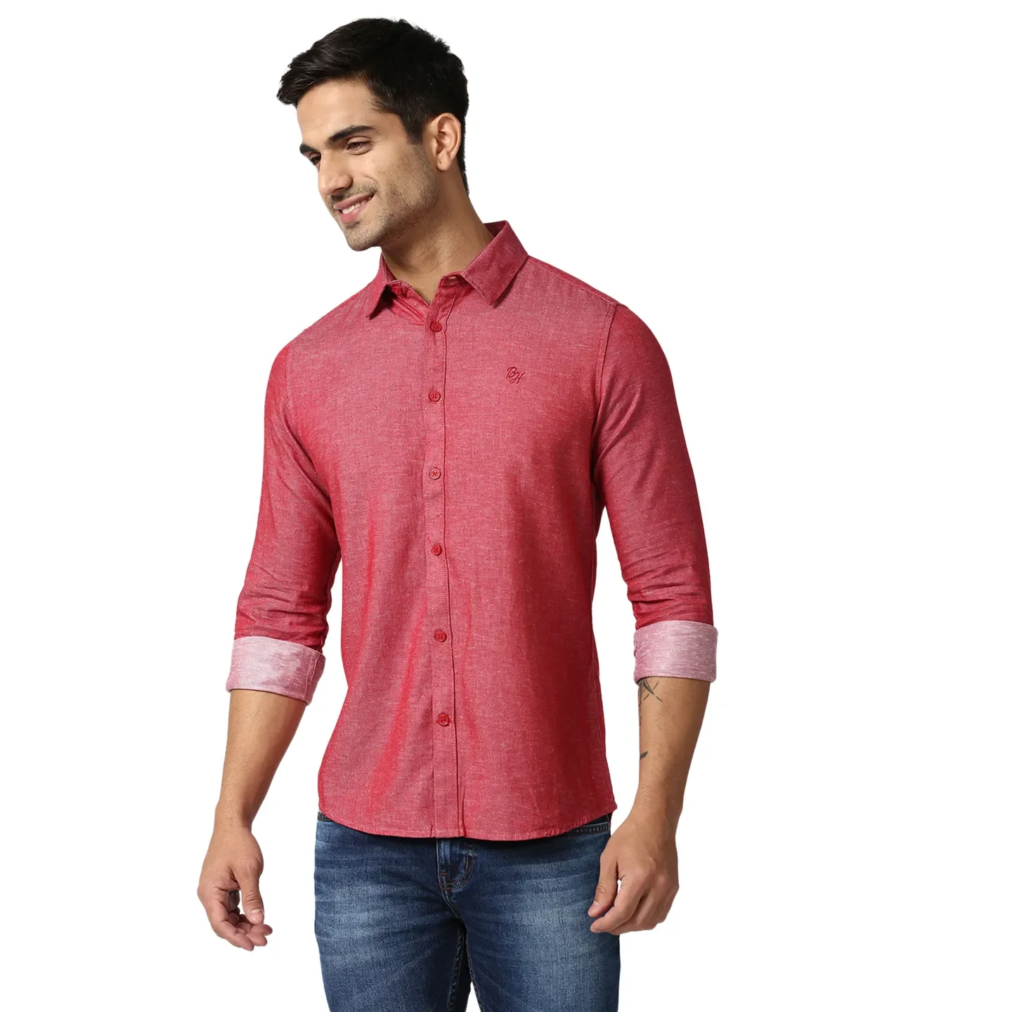 Red Slim Straight Fit Regular Collar Long Sleeves Men's Shirt by Being Human Clothing - Image 2