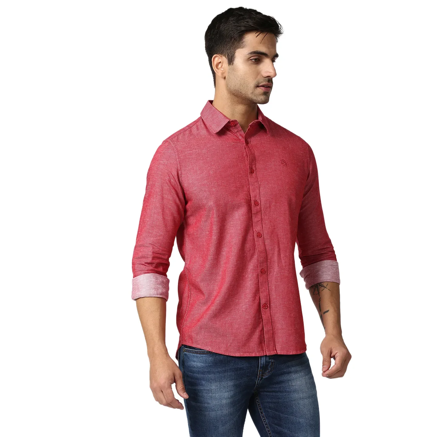 Red Slim Straight Fit Regular Collar Long Sleeves Men's Shirt by Being Human Clothing - Image 3