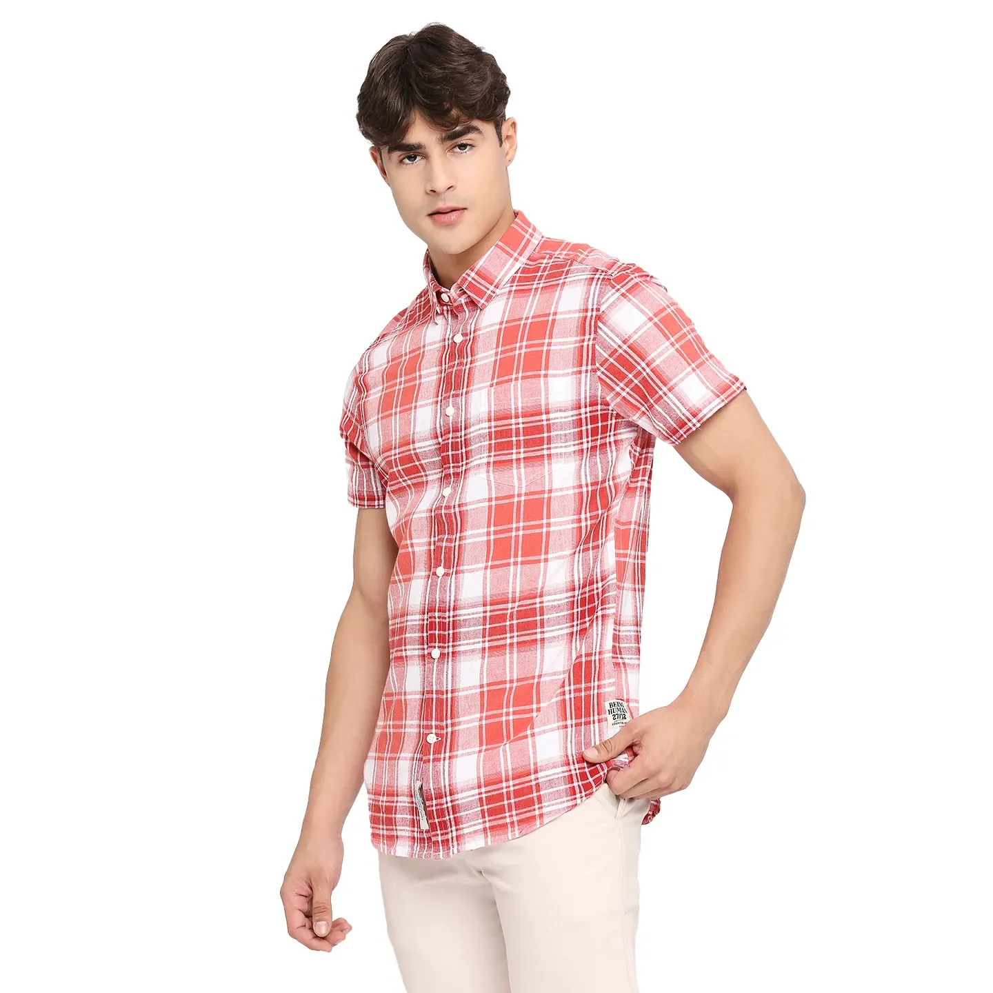 Red Slim Straight Fit Regular Collar Short Sleeves Tencil Men's Shirt by Being Human Clothing - Image 2