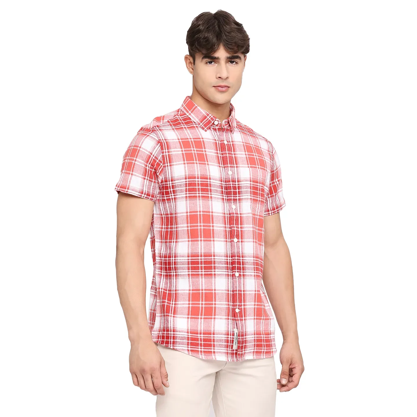 Red Slim Straight Fit Regular Collar Short Sleeves Tencil Men's Shirt by Being Human Clothing - Image 3
