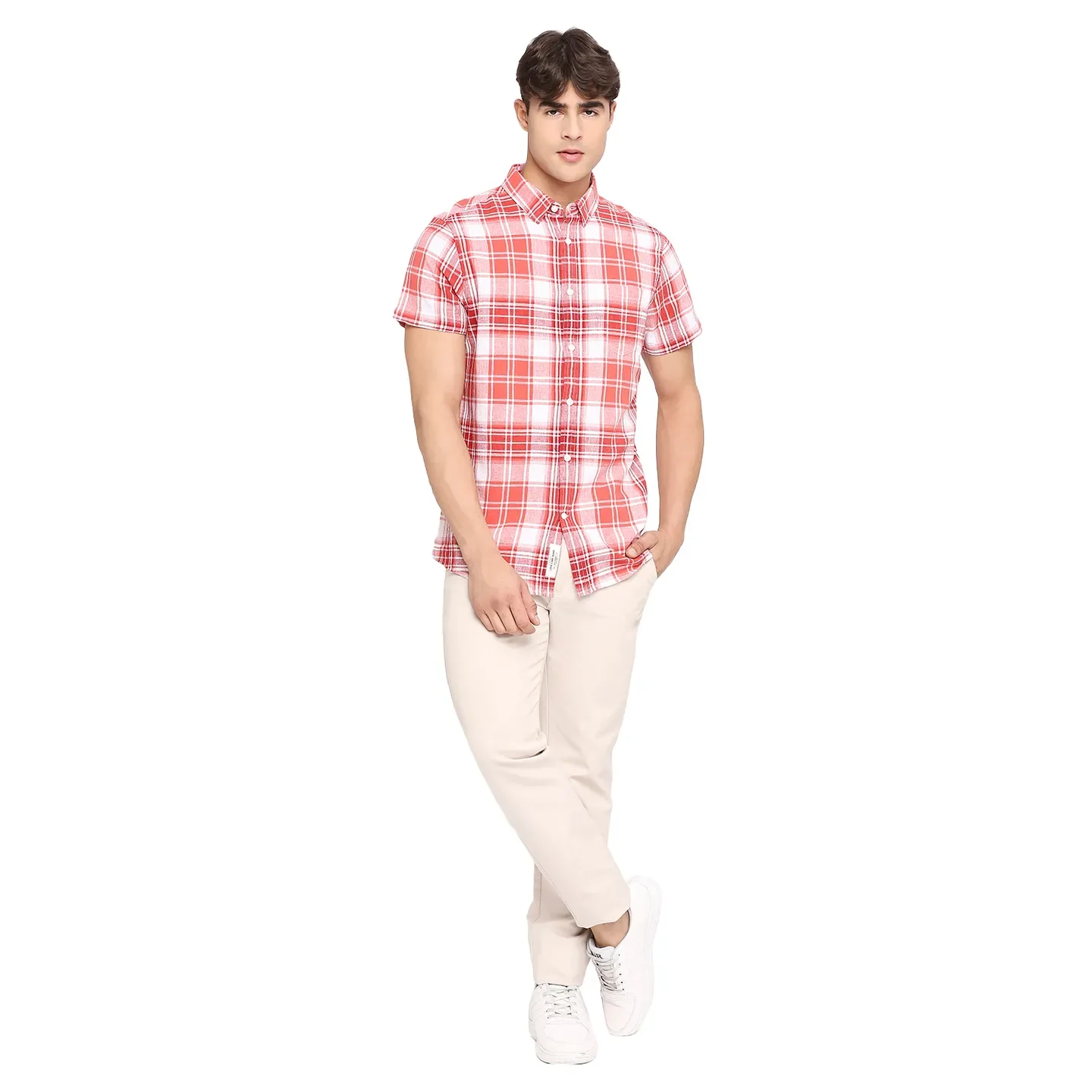 Red Slim Straight Fit Regular Collar Short Sleeves Tencil Men's Shirt by Being Human Clothing - Image 6