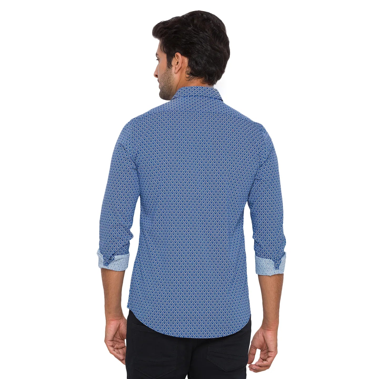 Blue Slim Straight Fit Regular Collar Long Sleeves Cotton Men's Shirt by Being Human Clothing - Image 4