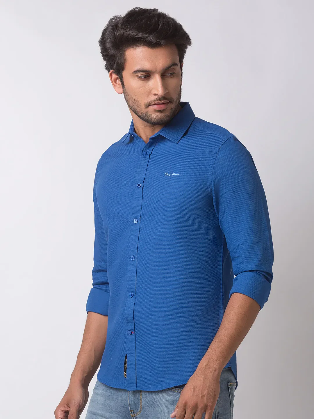 Blue Slim Straight Fit Regular Collar Long Sleeves Cotton Men's Shirt by Being Human Clothing - Image 2