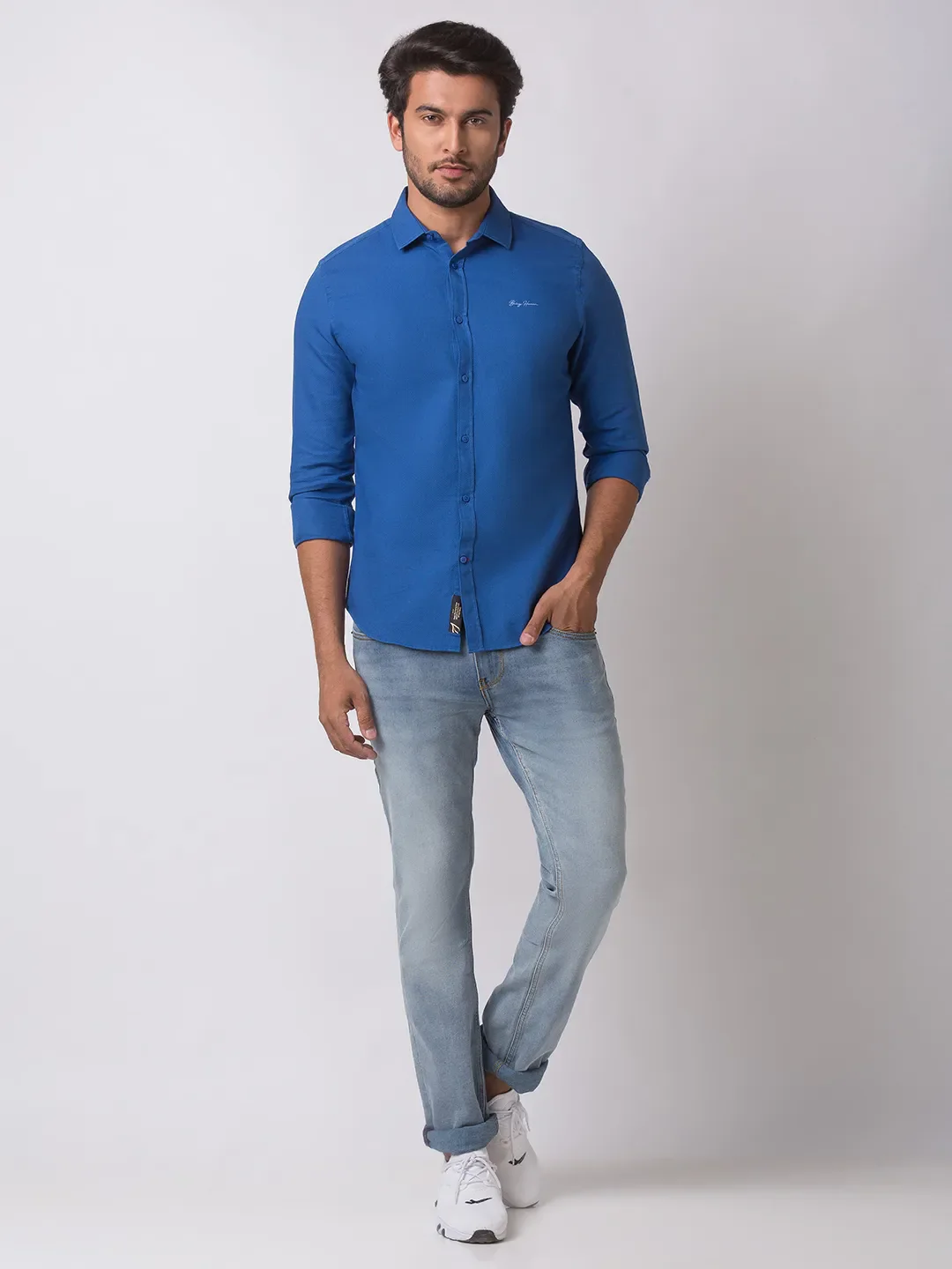 Blue Slim Straight Fit Regular Collar Long Sleeves Cotton Men's Shirt by Being Human Clothing - Image 5