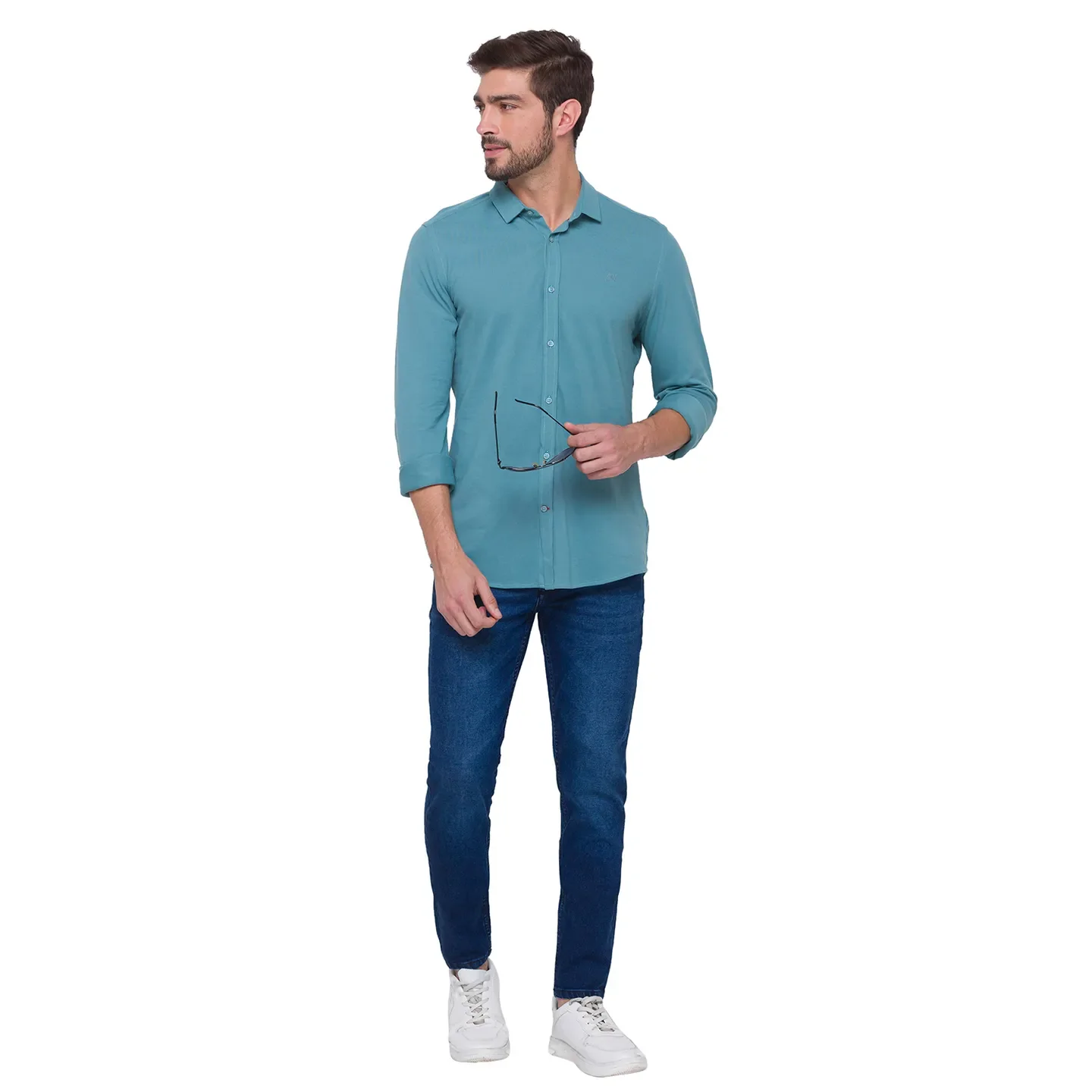 Green Slim Straight Fit Regular Collar Long Sleeves Cotton Men's Shirt by Being Human Clothing - Image 5
