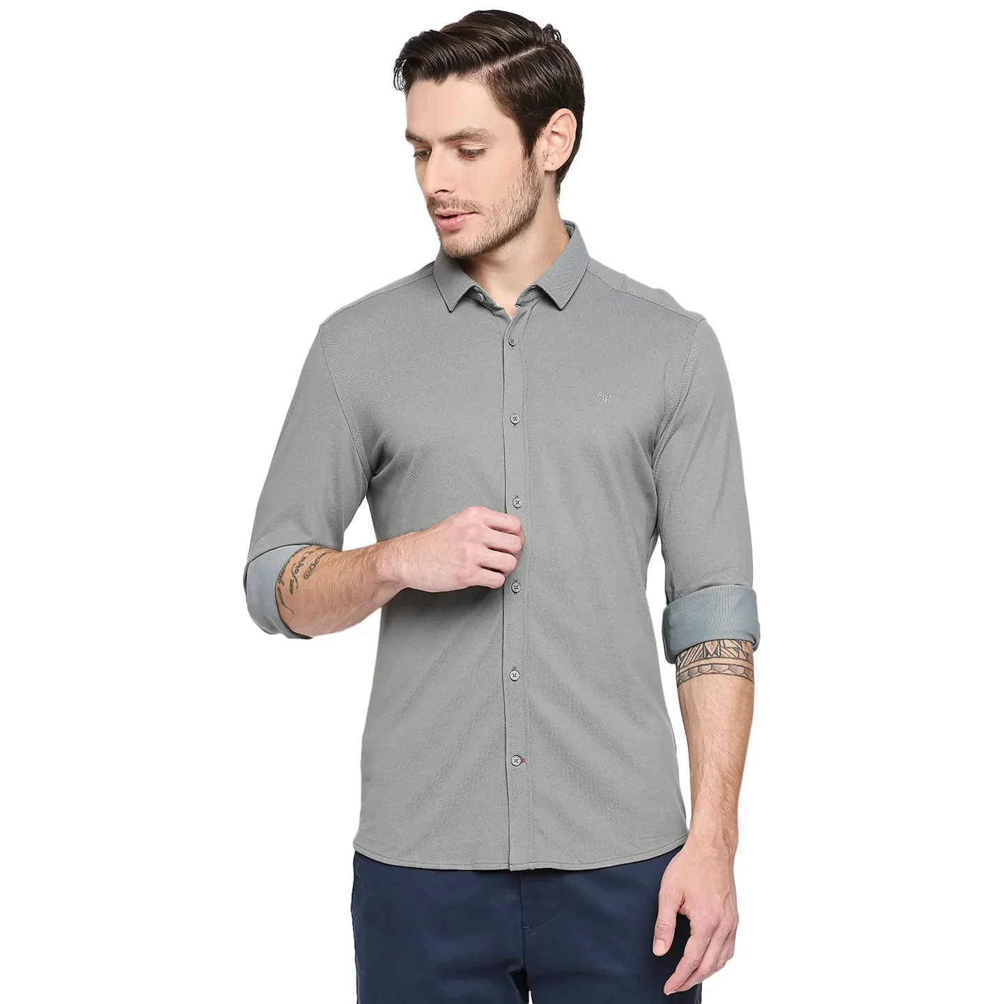 Green Regular Fit Regular Collar Long Sleeves Cotton Men's Shirt by Being Human Clothing