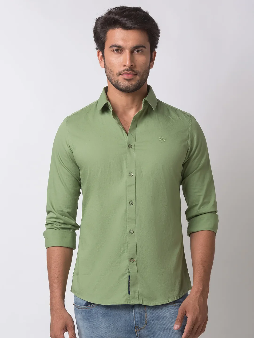 Green Slim Straight Fit Regular Collar Long Sleeves Cotton Men's Shirt by Being Human Clothing
