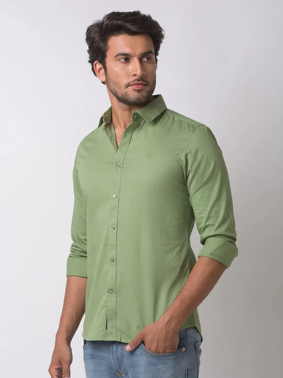 Green Slim Straight Fit Regular Collar Long Sleeves Cotton Men's Shirt by Being Human Clothing - Image 2