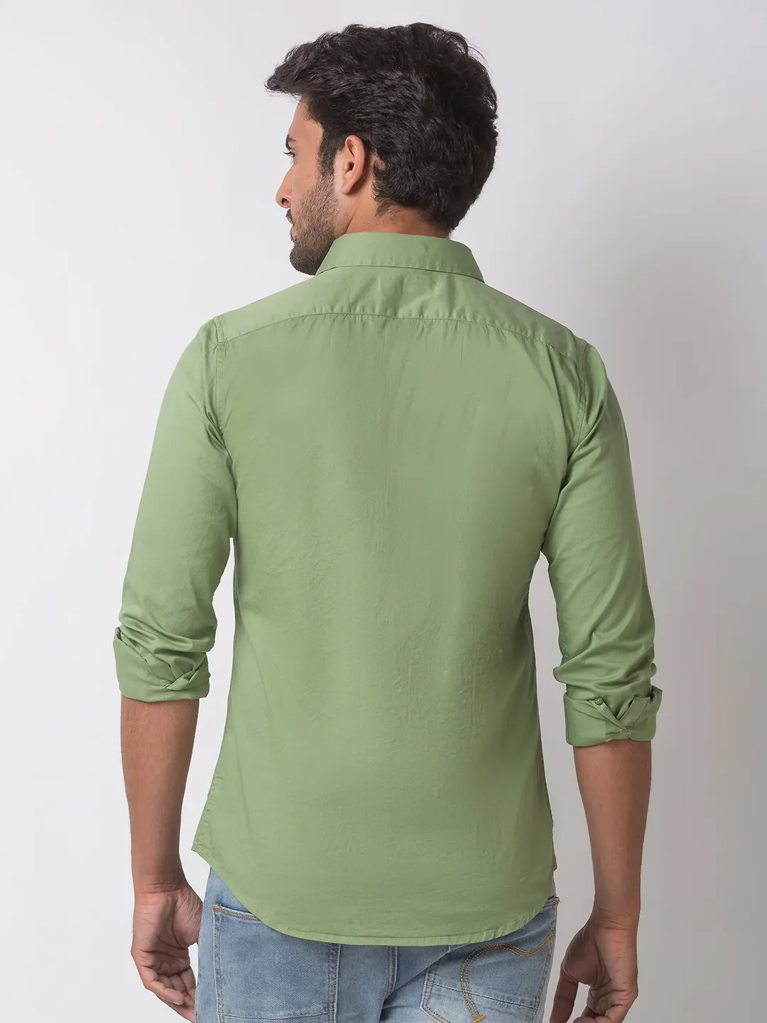 Green Slim Straight Fit Regular Collar Long Sleeves Cotton Men's Shirt by Being Human Clothing - Image 4